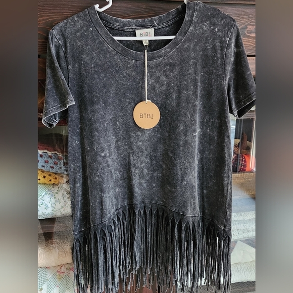 BiBi Tops - BiBi Washed Black Fringe Top